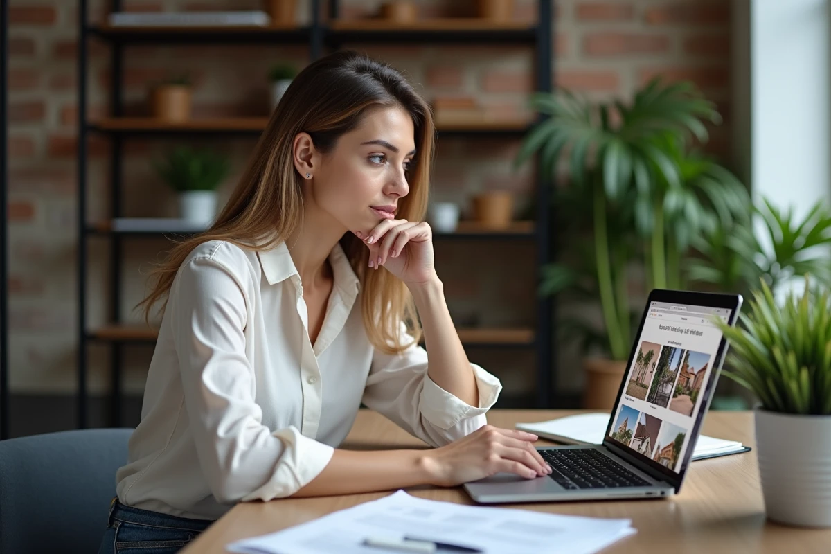 Femme réfléchissant devant un ordinateur pour l'immobilier