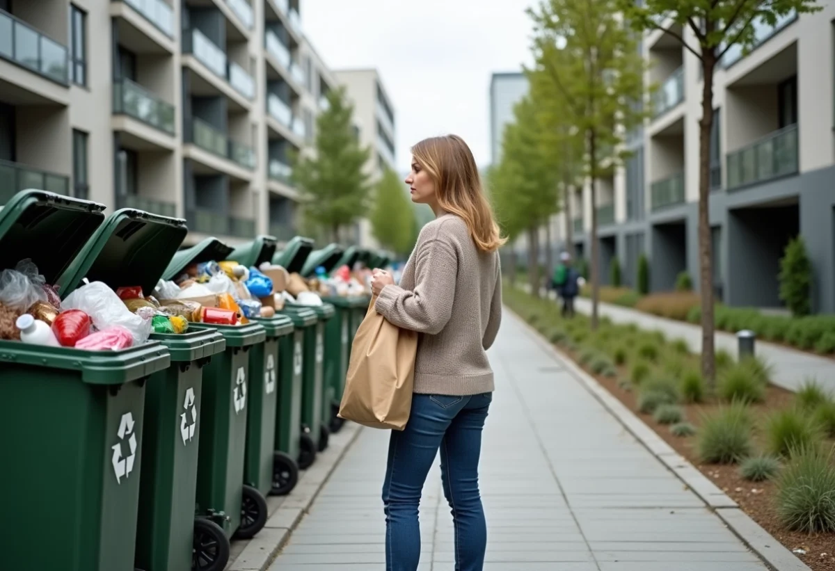 Femme frustrée près des poubelles de recyclage urbain