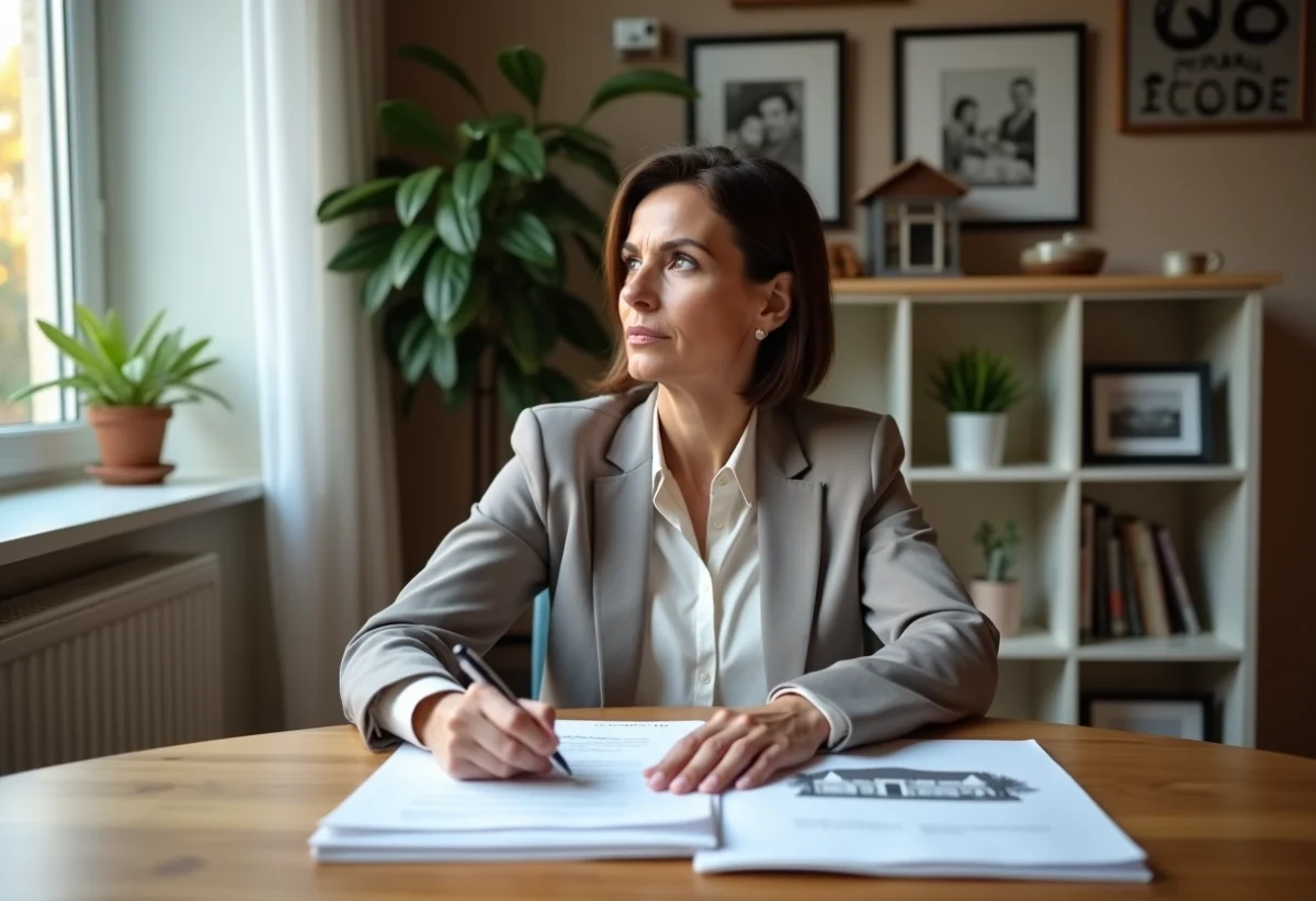 Femme réfléchie avec documents de mortgage à la maison