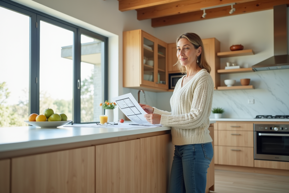 Femme dans une cuisine rénovée examine un plan de travail