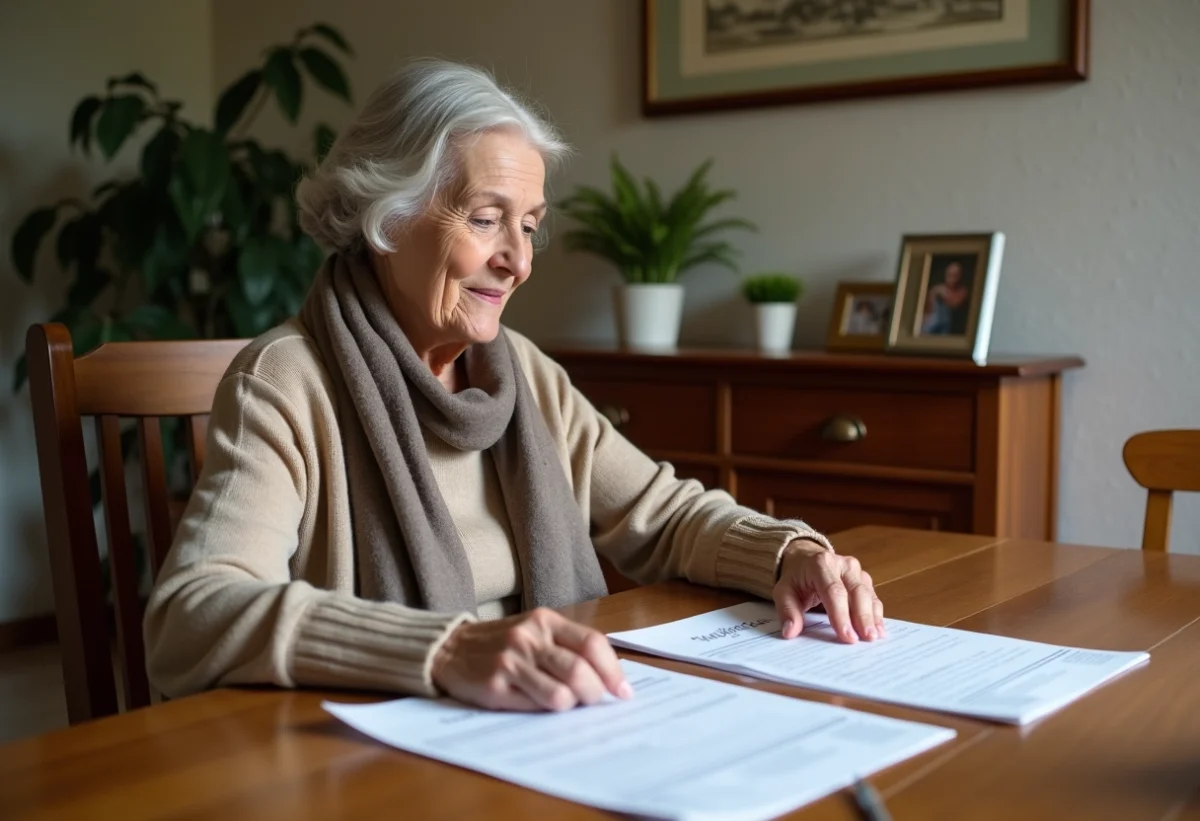 Femme senior attentive à ses documents fiscaux dans un salon chaleureux
