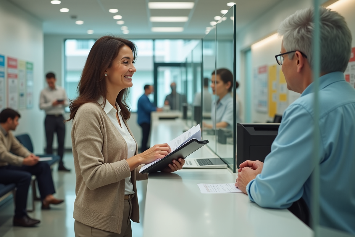 Femme d age moyen souriant au guichet administratif