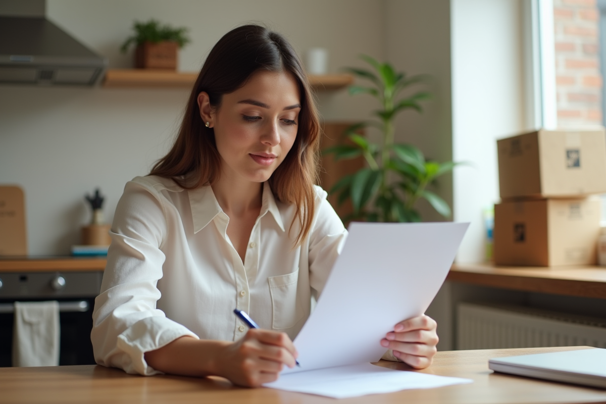 Jeune femme signant des documents dans une cuisine lumineuse