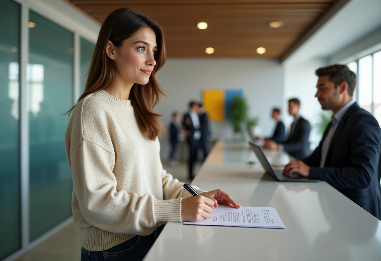 Femme signe un contrat de prêt immobilier au guichet bancaire