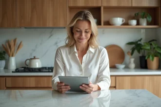 Femme d'âge moyen avec tablette dans une cuisine moderne