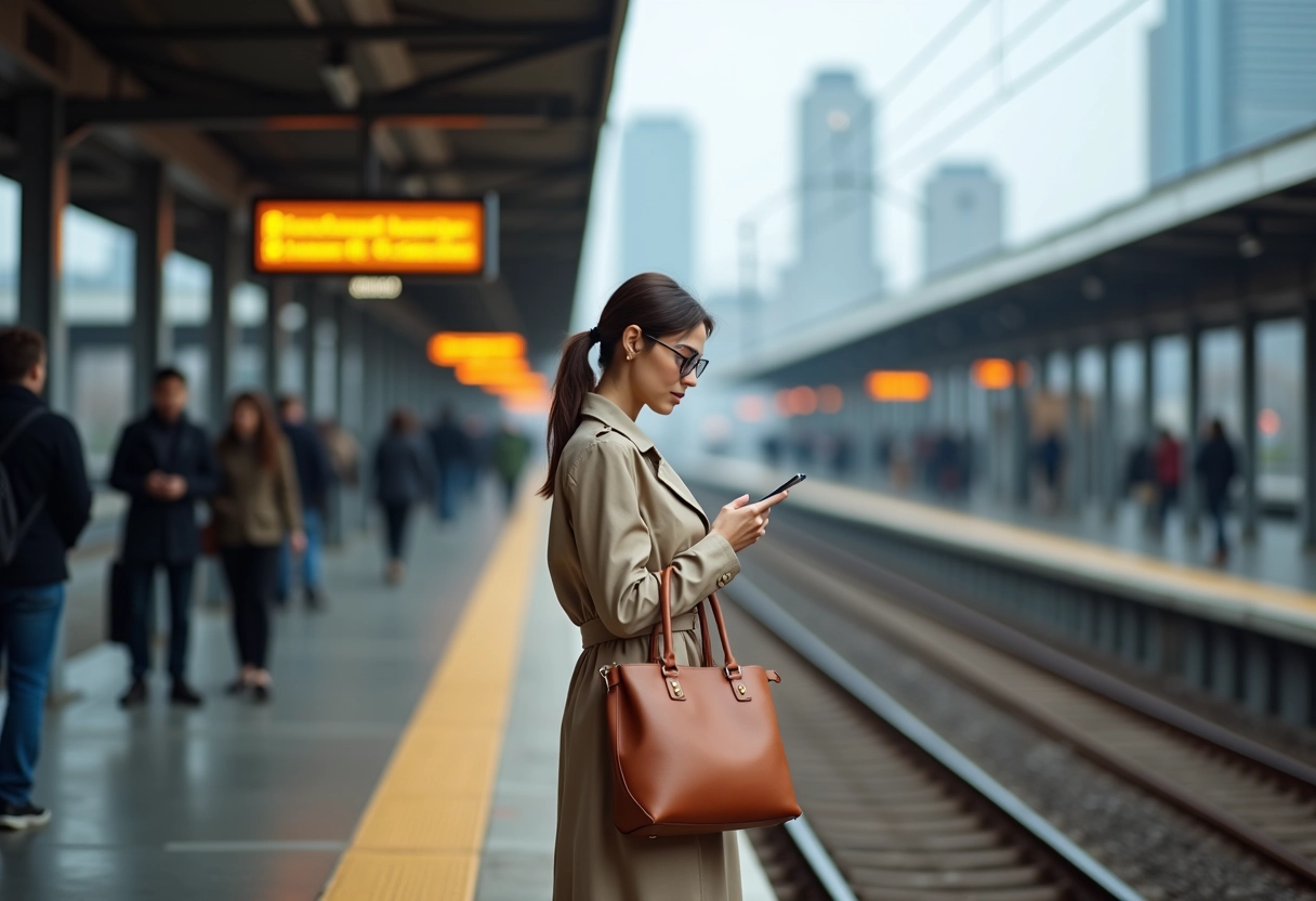 Femme en trench attend sur une plateforme de train en ville