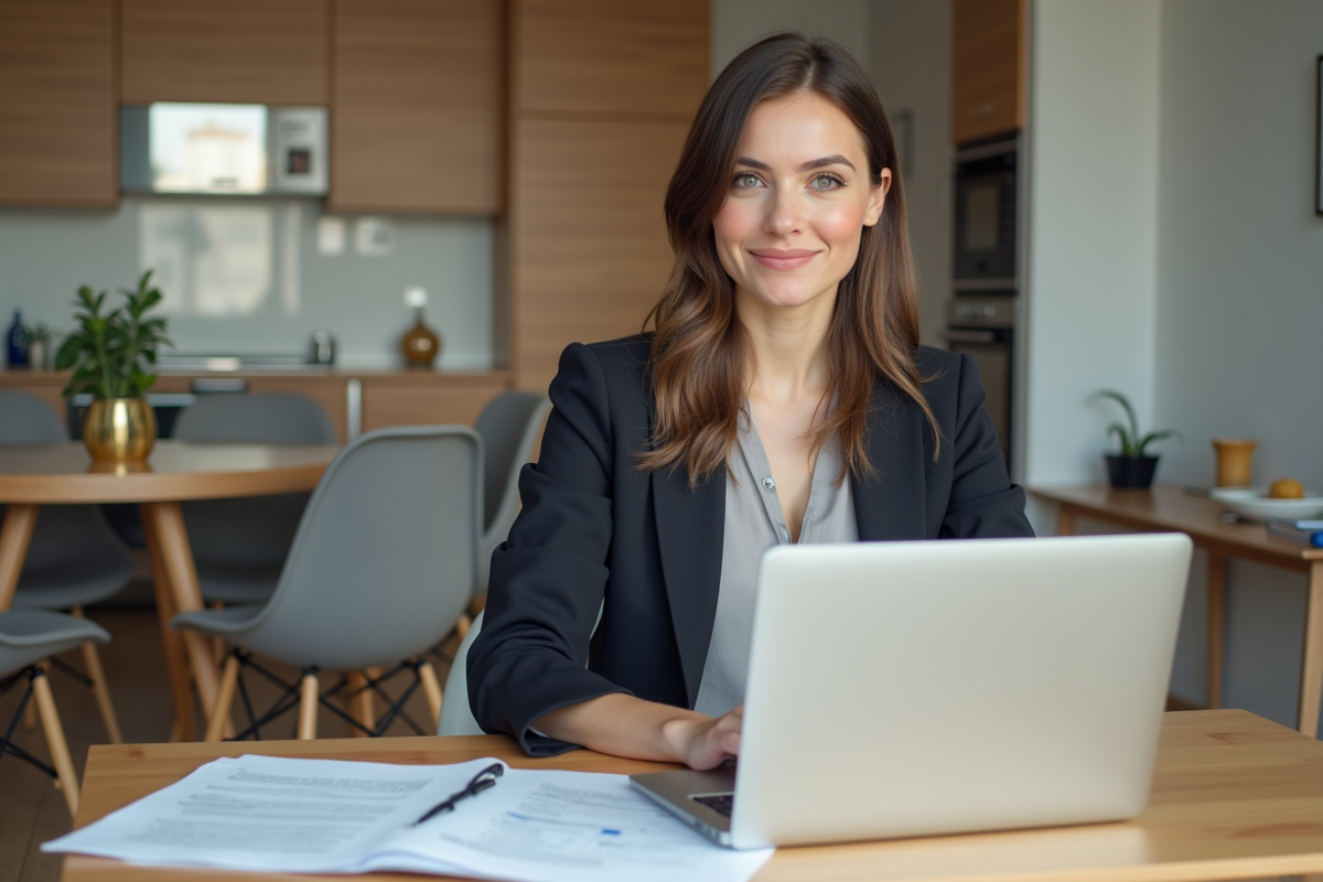Jeune femme professionnelle avec documents immobiliers