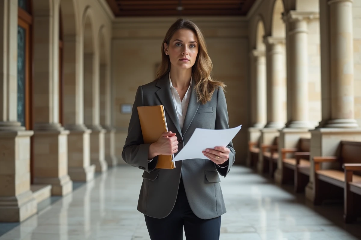 Femme tenant un dossier juridique dans un couloir de tribunal pour un litige locatif lié au congé