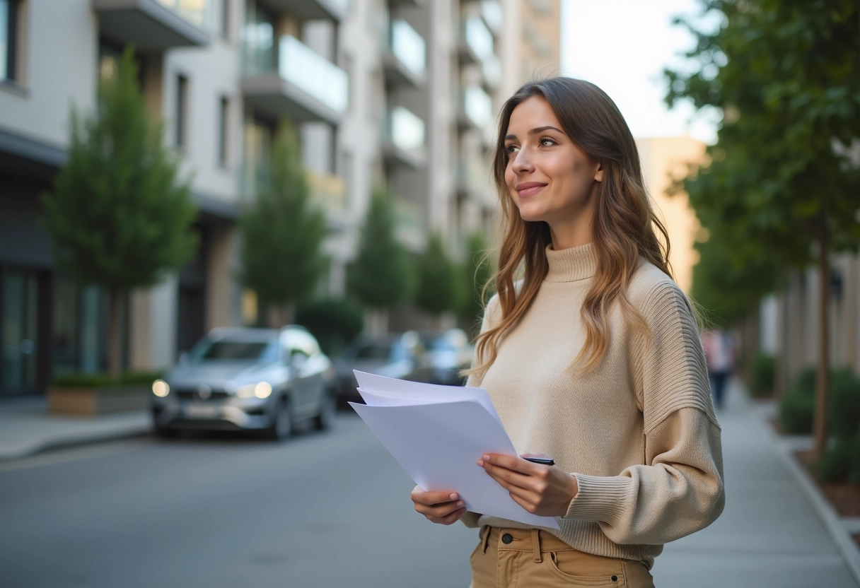 Jeune femme tenant des papiers de prêt immobilier en extérieur
