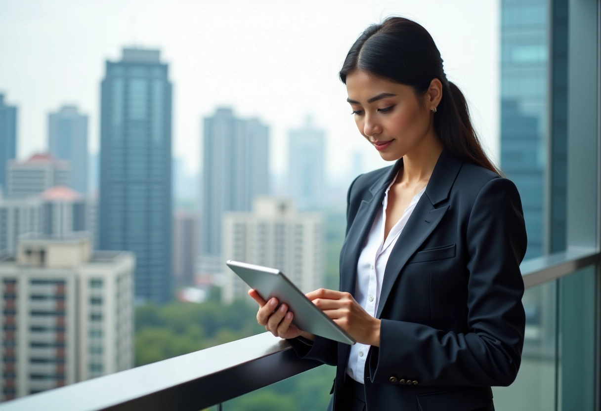Jeune femme en extérieur utilisant une tablette en ville