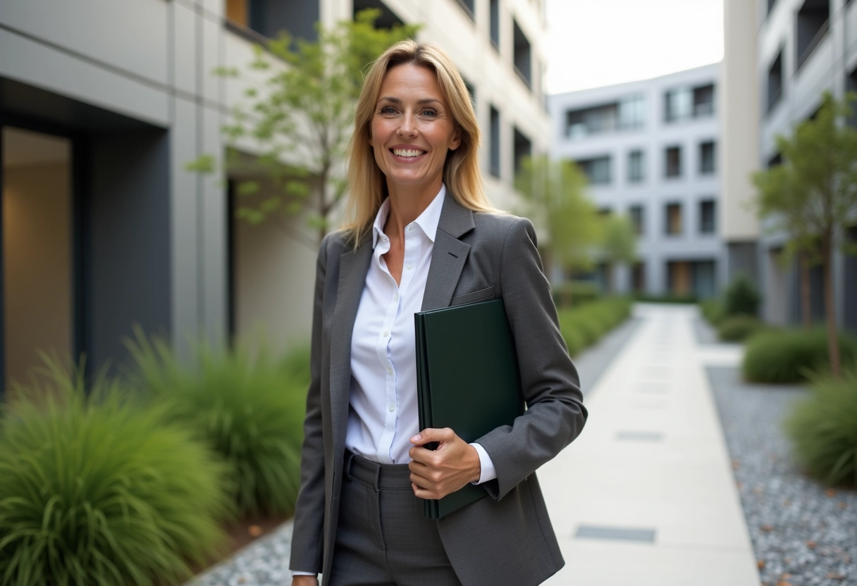 Femme souriante devant un immeuble neuf en ville