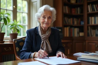 Femme d'âge mûr examine un rapport immobilier dans un bureau élégant