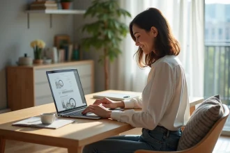 Femme souriante regardant son ordinateur pour une estimation immobiliere