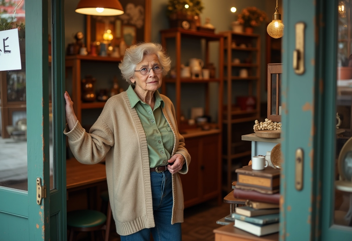 Femme âgée dans une boutique vintage arrangeant une affiche