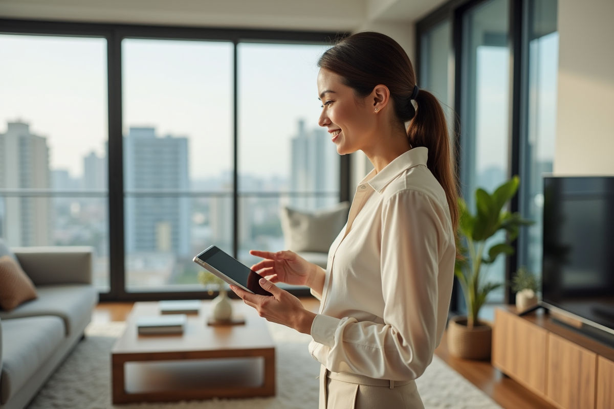 Femme confiante avec tablette dans un appartement moderne