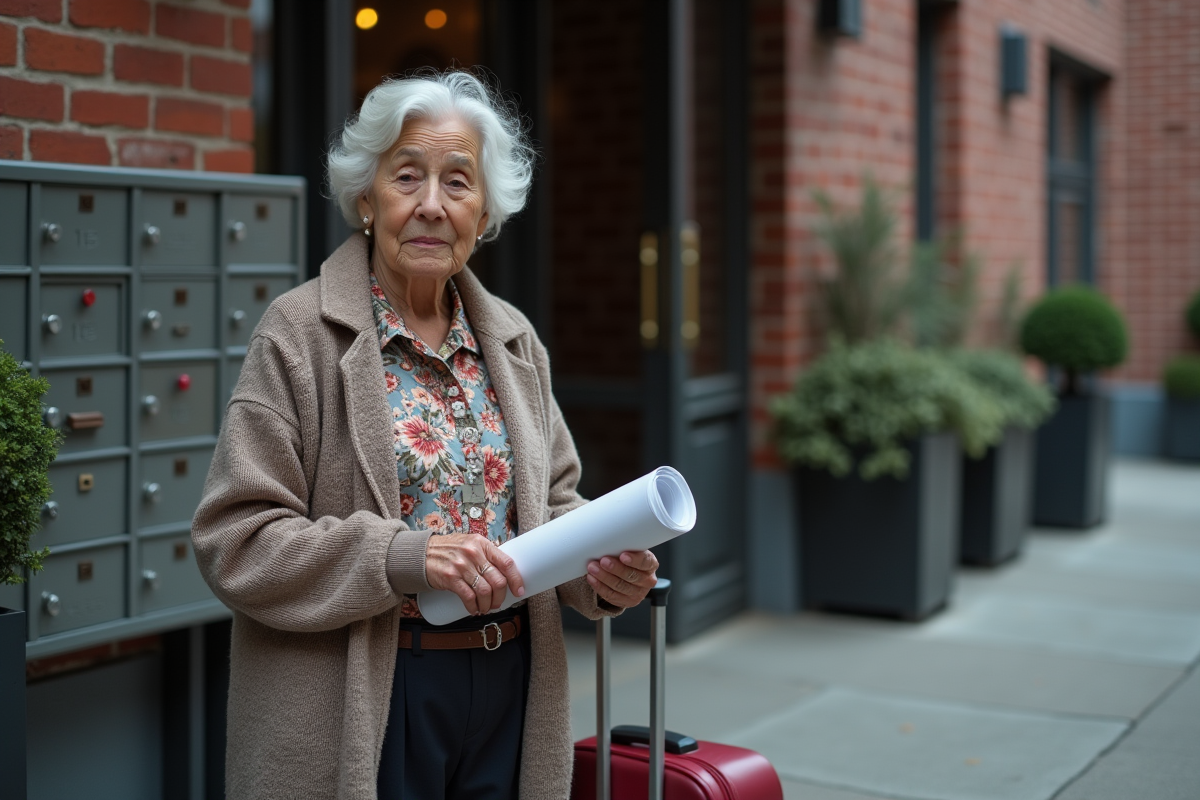 Femme âgée dehors devant un immeuble avec un document