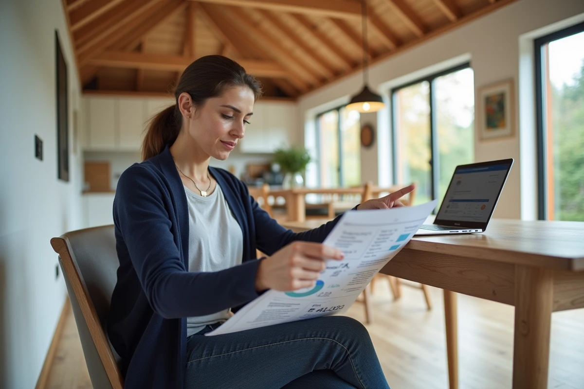 Femme consultant des documents de financement pour une maison ossature bois dans un intérieur moderne en bois