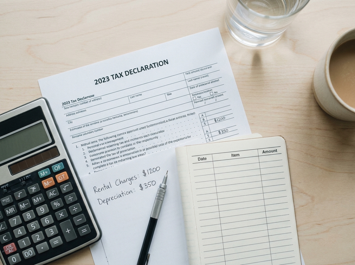 Vue de dessus d'un bureau avec formulaire fiscal, calculatrice et notes manuscrites pour suivi de location meublée