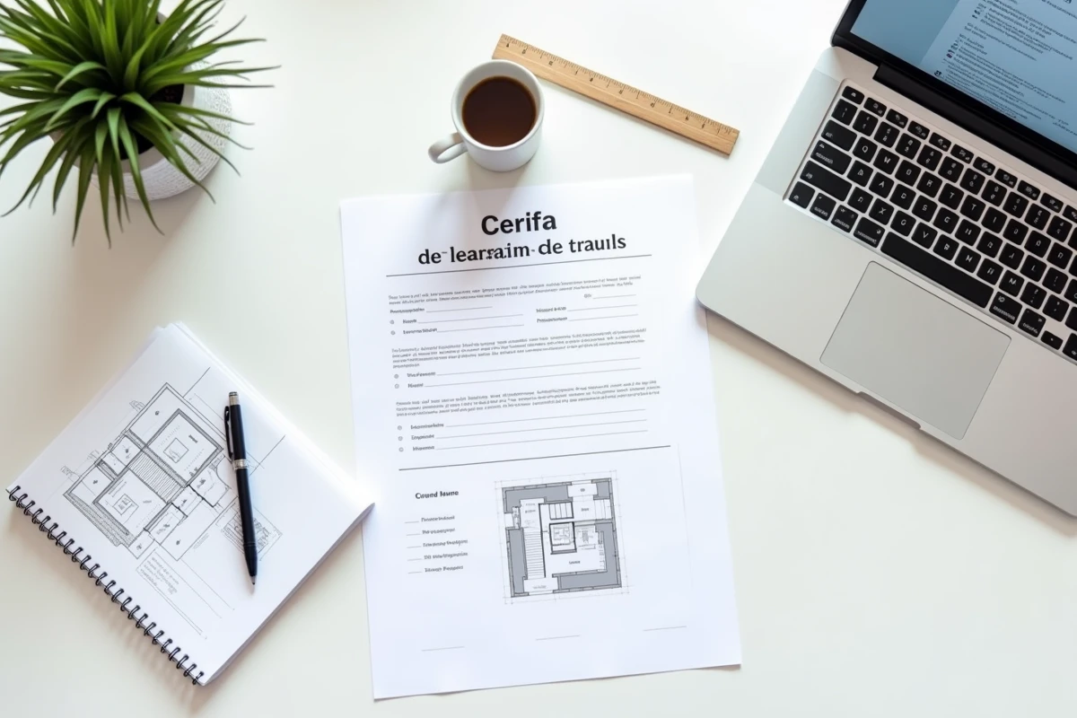 Vue en plongée d'un bureau avec formulaire Cerfa de déclaration de travaux, ordinateur ouvert sur un service en ligne et plans architecturaux