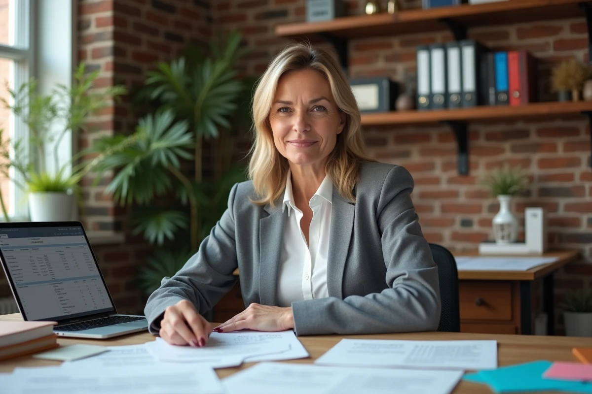 Propriétaire organisant les documents et la liste de mobilier obligatoire pour une location meublée depuis son bureau