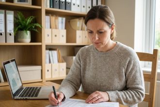 Femme consultant des documents fiscaux pour une location meublée à son bureau à domicile