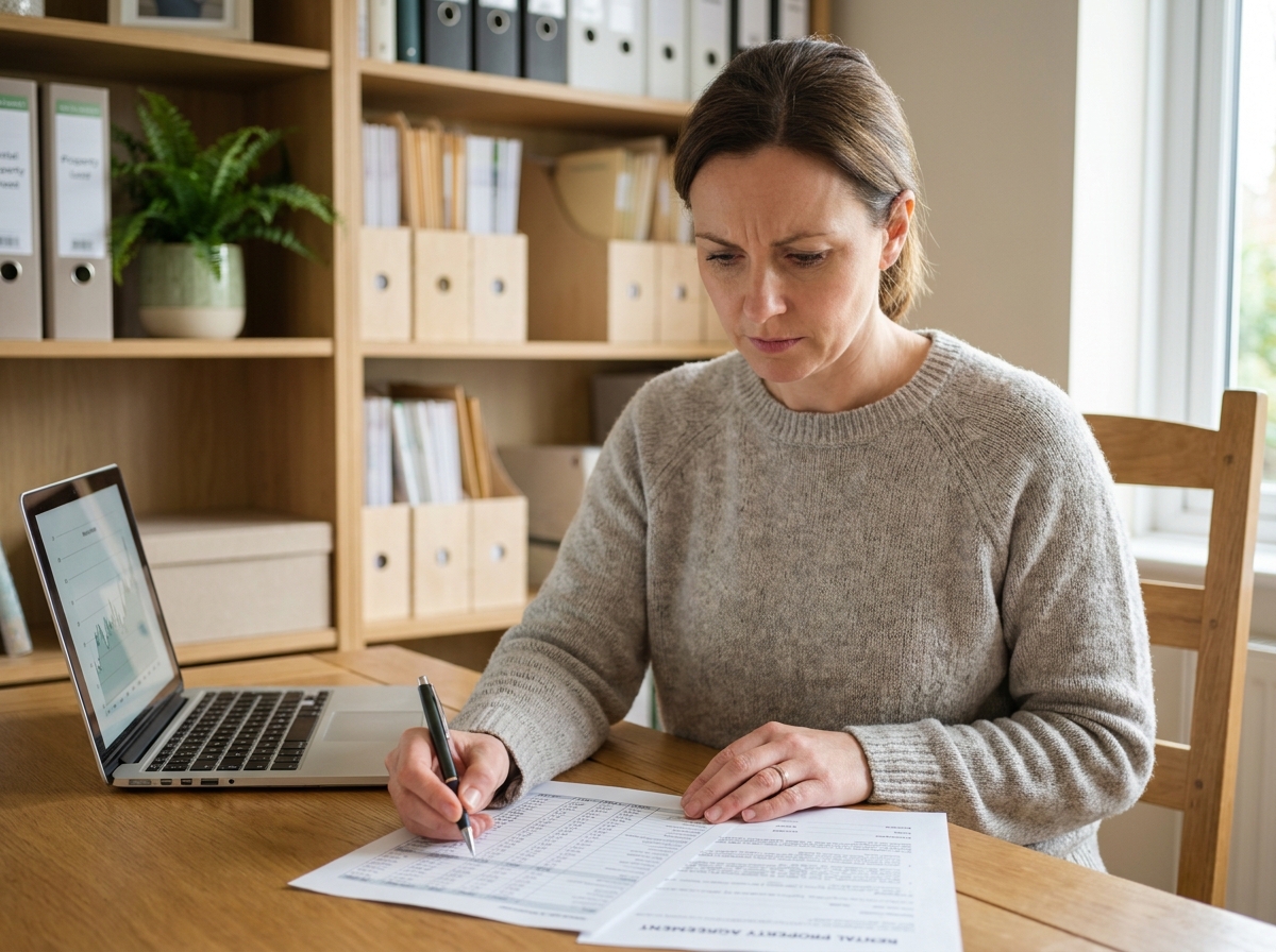 Femme consultant des documents fiscaux pour une location meublée à son bureau à domicile