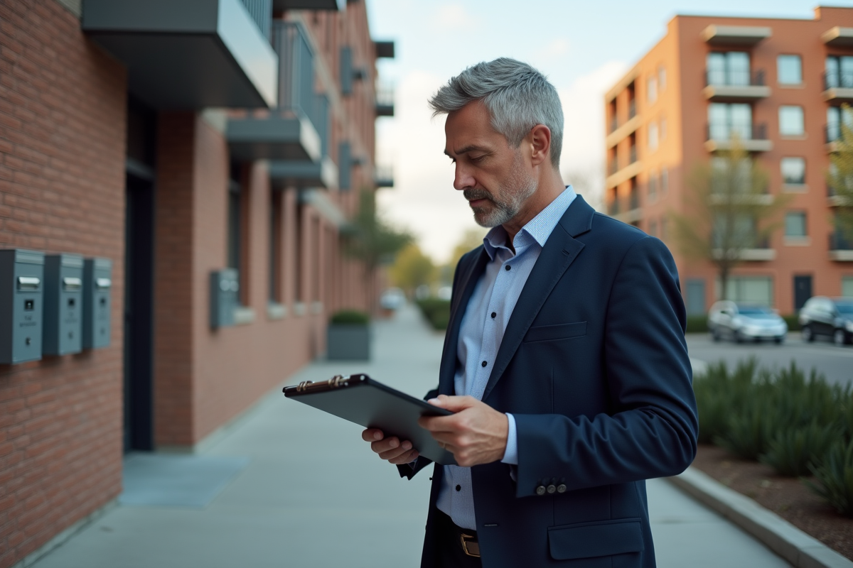 Gestionnaire immobilier examine l'entrée d'un immeuble