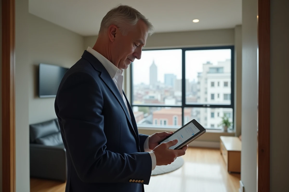 Agent immobilier examinant un appartement rénové avec tablette