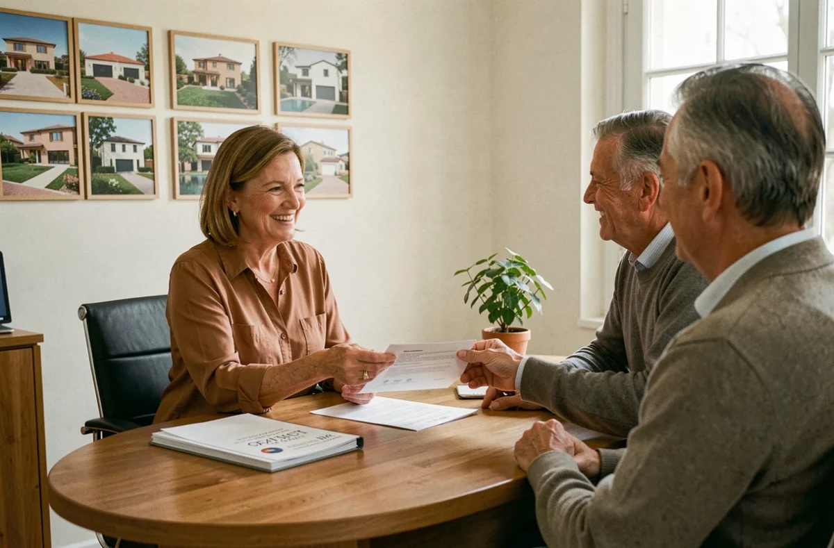 Groupe Confiance Immobilier, une conseillère remet des documents à un couple dans une agence immobilière chaleureuse du sud de la France
