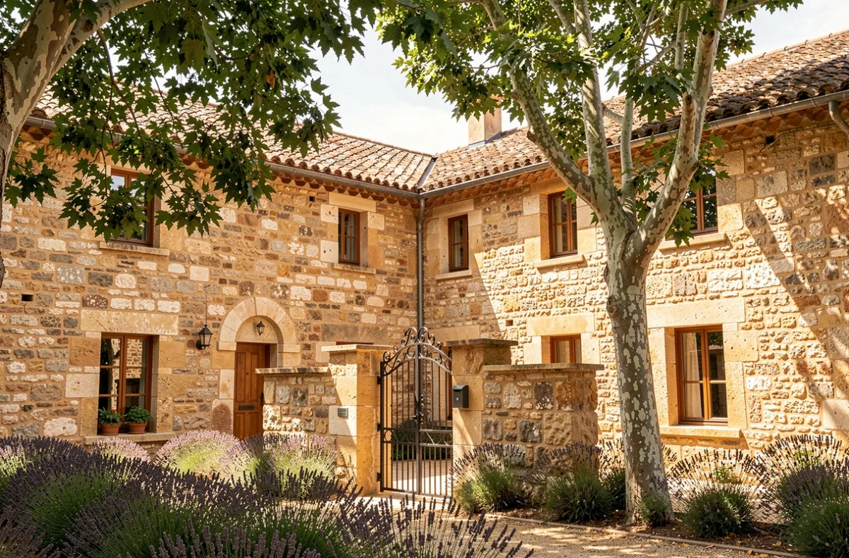 Maison de style mas provençal construite par le Groupe Mas Provence, avec façade en pierre calcaire, toiture en tuiles canal et cour intérieure traditionnelle