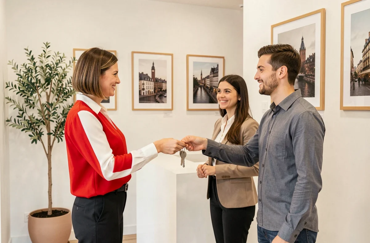 Agente Guy Hoquet Bordeaux remettant des clés à un couple d'acheteurs dans une agence lumineuse