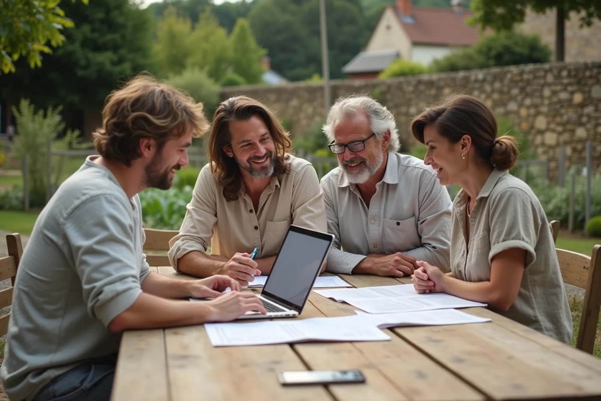 Groupe d'adultes réunis autour d'une table en bois dans une ferme rurale pour discuter d'un projet d'habitat partagé à la campagne