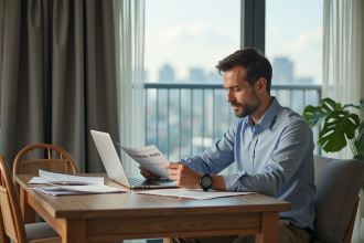 Homme d'âge moyen avec documents immobiliers et ordinateur