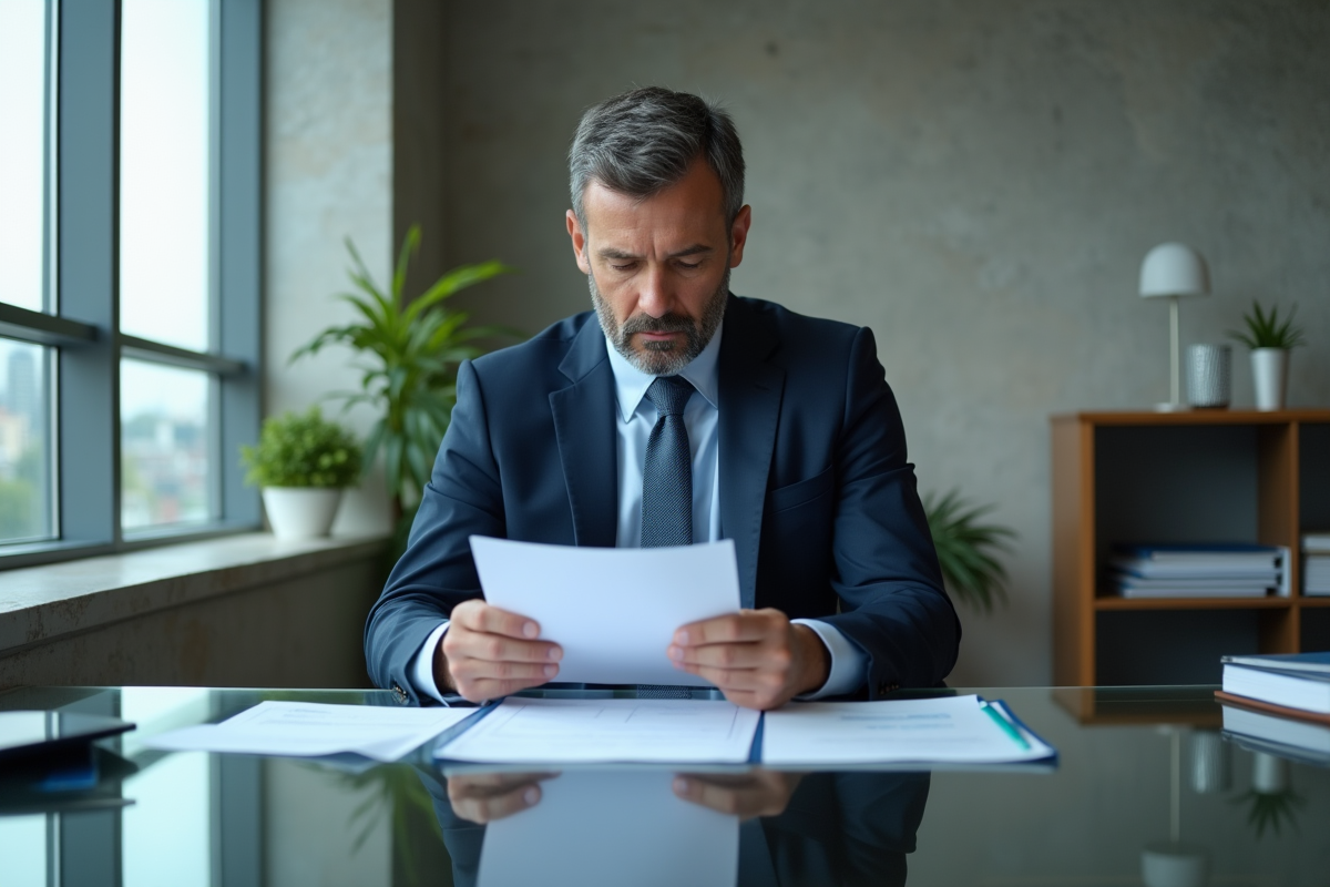 Homme d'affaires en costume bleu examine des documents immobiliers