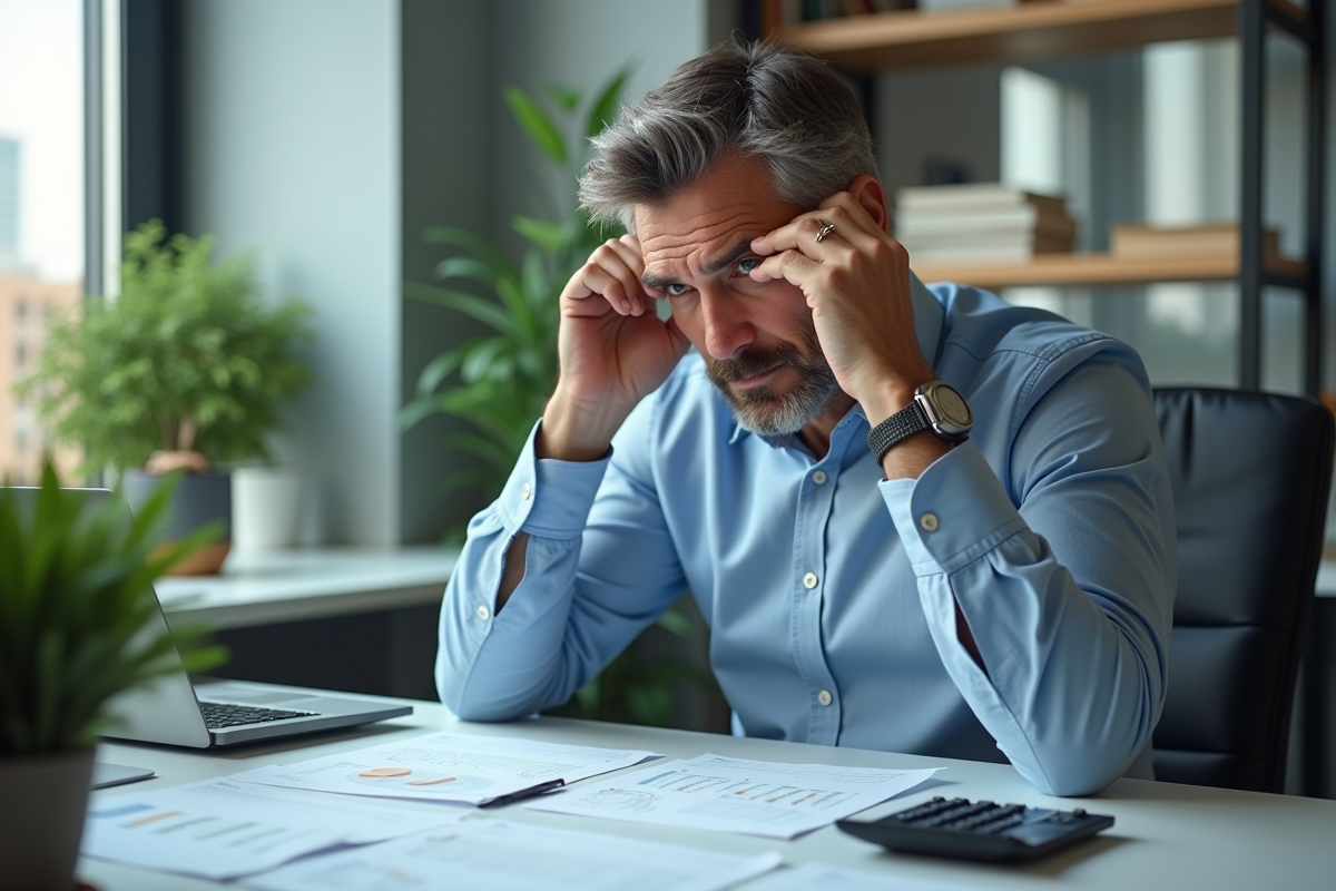 Homme d'affaires réfléchissant devant documents financiers