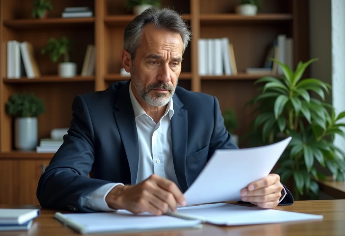 Homme d'affaires en costume lisant des documents dans un bureau chaleureux