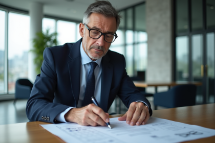 Homme d affaires en costume bleu examine des plans dans un bureau moderne