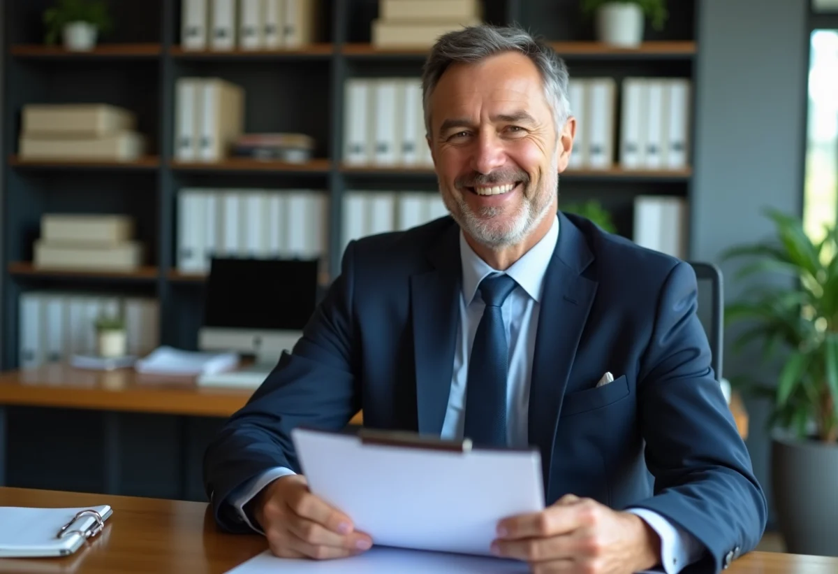 Homme d'affaires en costume bleu souriant dans un bureau moderne