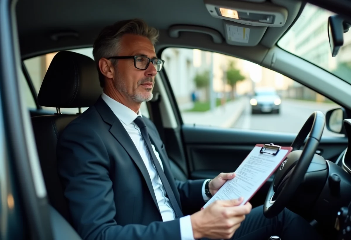Homme d'affaires en costume examine des documents dans une voiture urbaine