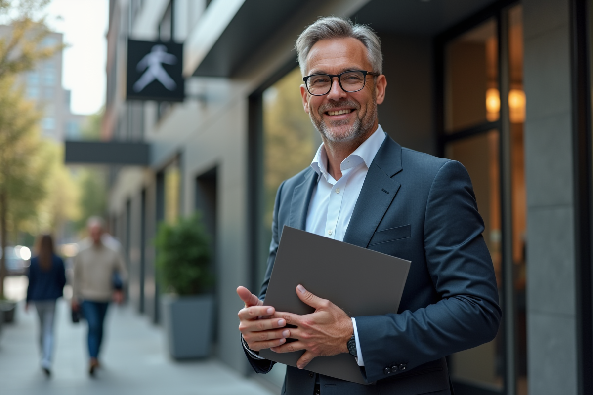Homme d affaires dans la rue devant une banque moderne