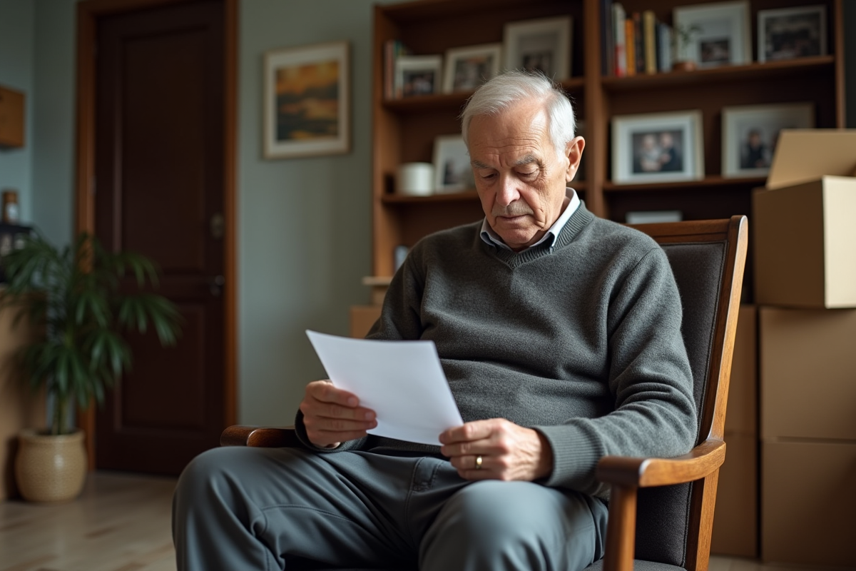 Homme âgé lisant une lettre dans un salon modeste
