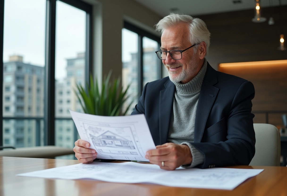 Homme analysant un plan immobilier intérieur