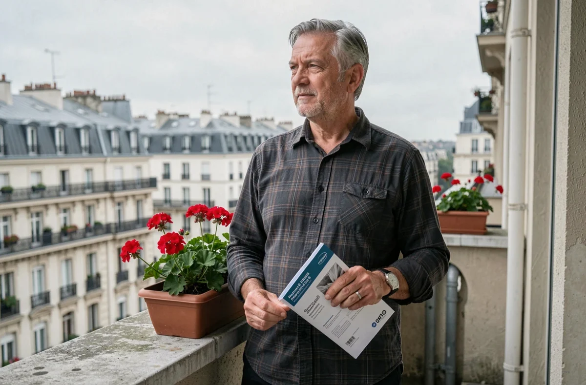 Homme sur son balcon parisien tenant une brochure d'assurance habitation, immeubles haussmanniens en arrière-plan