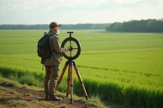 Homme au champ avec roue de mesure pour hectare