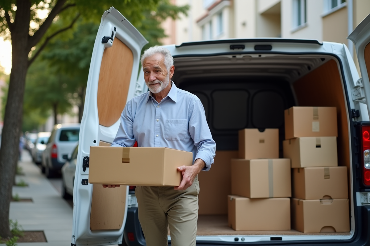 Homme chargeant des cartons dans une camionnette en ville