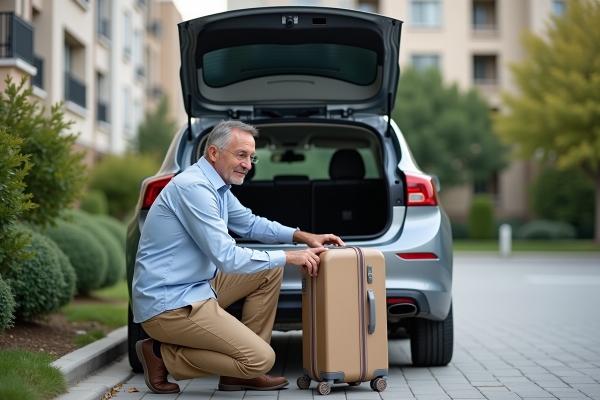 Homme plaçant une valise dans le coffre de sa voiture