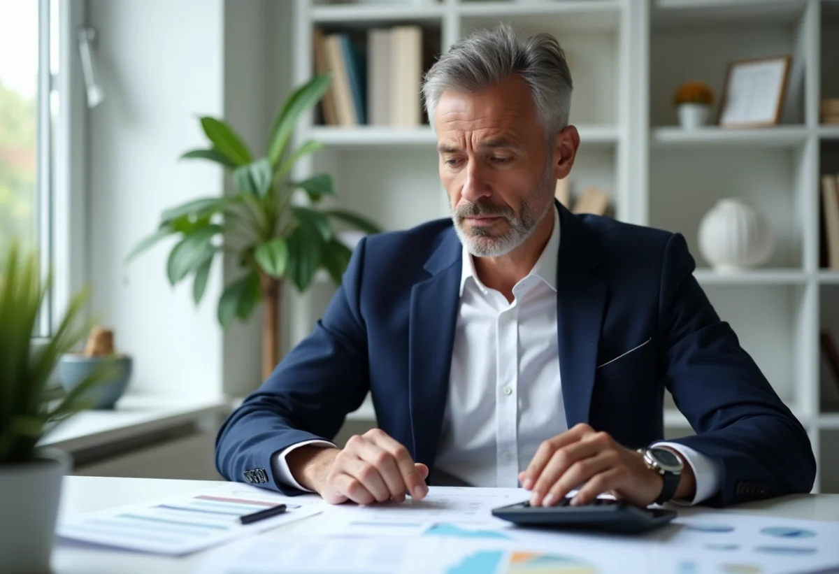 Homme concentré analysant des graphiques dans un bureau moderne