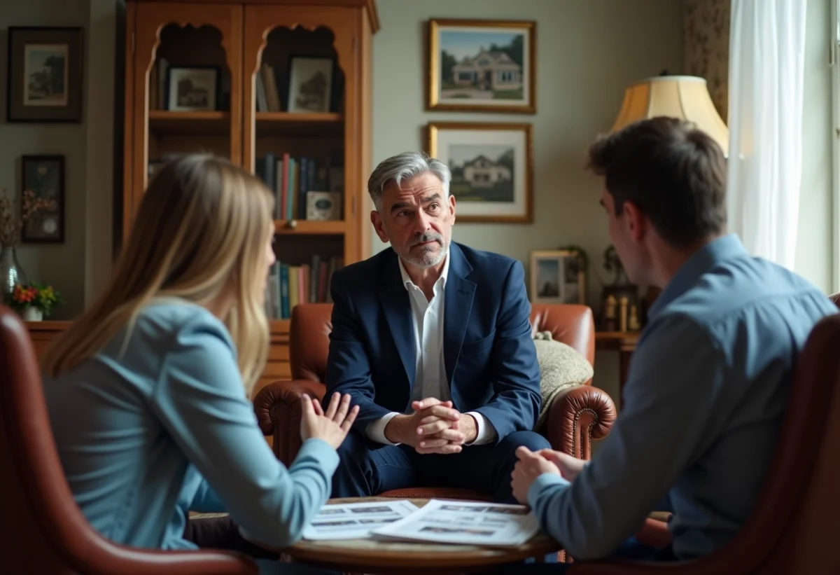Homme en costume navy discutant avec un couple dans un salon ancien