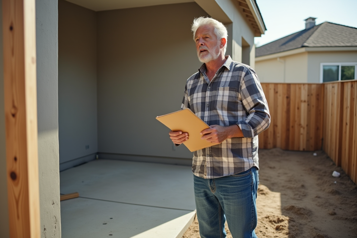 Hommes en construction dans un jardin en cours d'aménagement