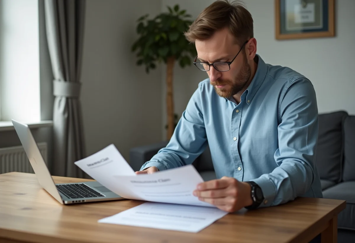 Homme d'âge moyen examinant un contrat d'assurance dans un appartement moderne